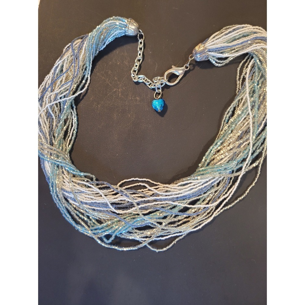 Blue White Silver Multi Strand Seed Bead Necklace with Heart Charm Extender 23" - Picture 3 of 8